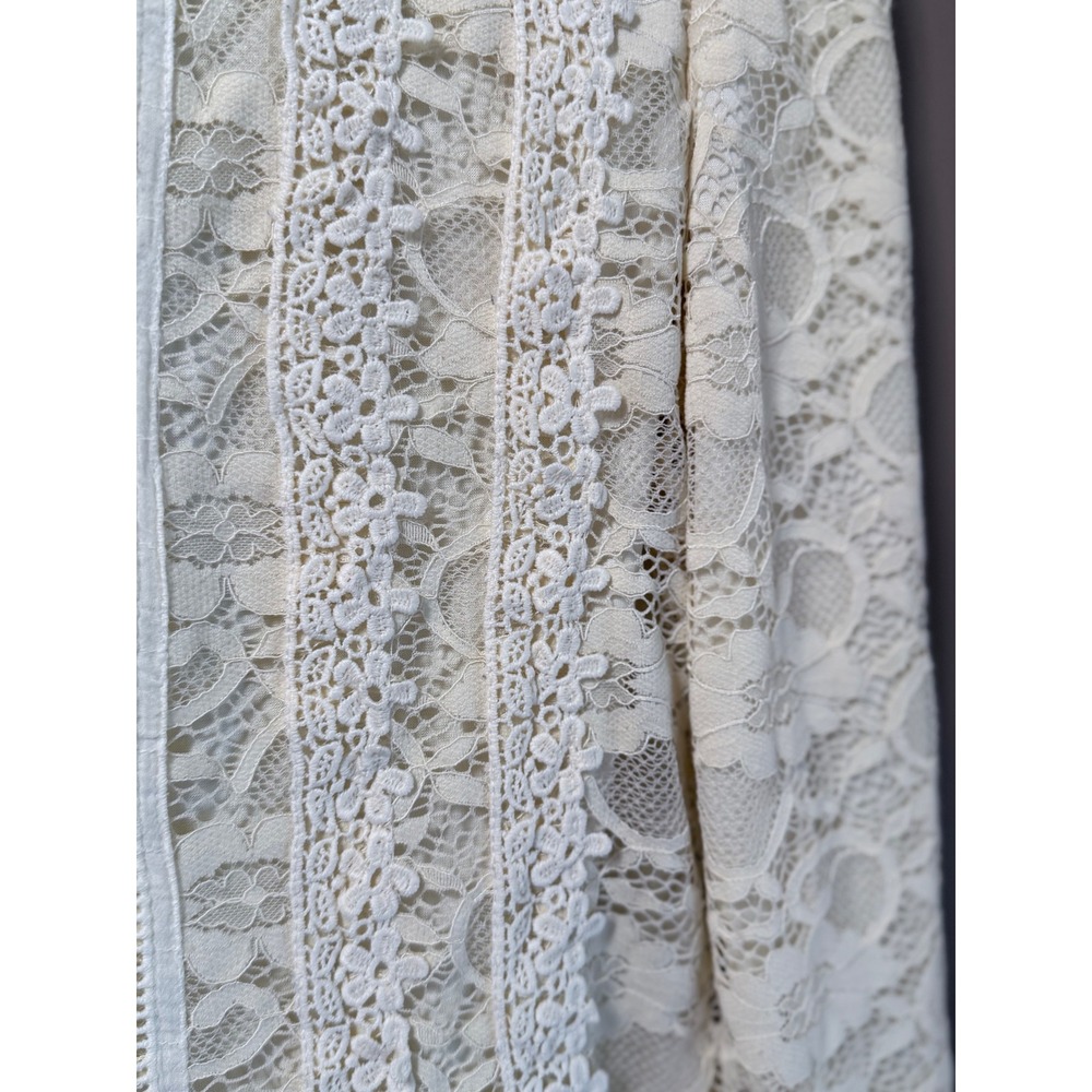 Japanese Fleece Lined Lace Blouse Cream Ruffle Neck Mori Kei Coquette S - Picture 2 of 6